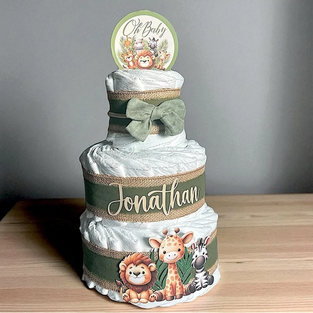 🦁 Personalized Safari Diaper Cake - 3 Tier | Baby Shower Centerpiece 🎁